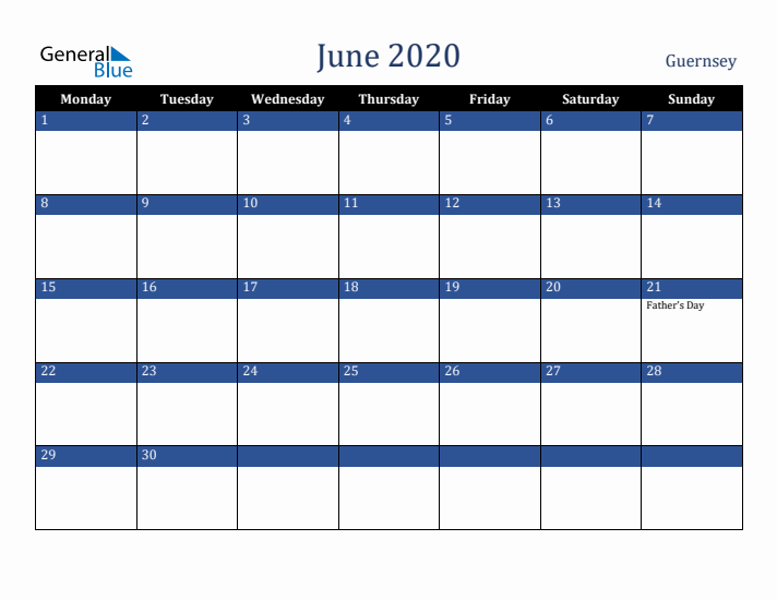 June 2020 Guernsey Calendar (Monday Start)