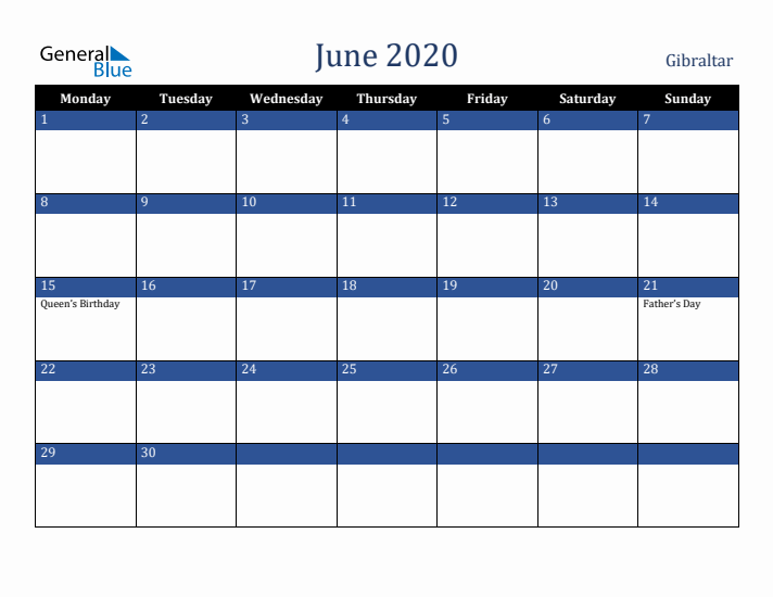 June 2020 Gibraltar Calendar (Monday Start)