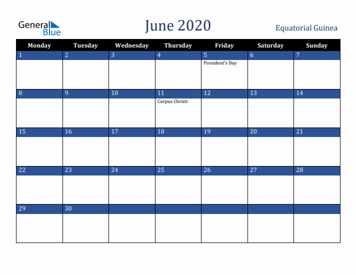 June 2020 Equatorial Guinea Calendar (Monday Start)