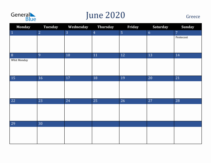 June 2020 Greece Calendar (Monday Start)