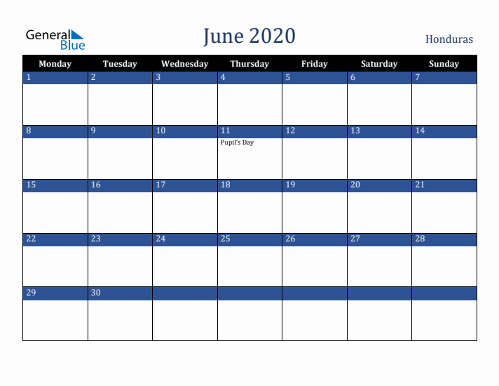 June 2020 Honduras Calendar (Monday Start)