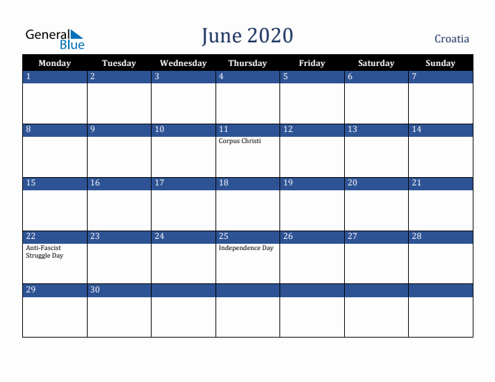 June 2020 Croatia Calendar (Monday Start)