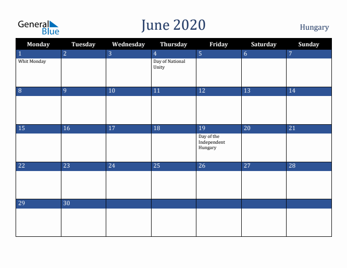 June 2020 Hungary Calendar (Monday Start)