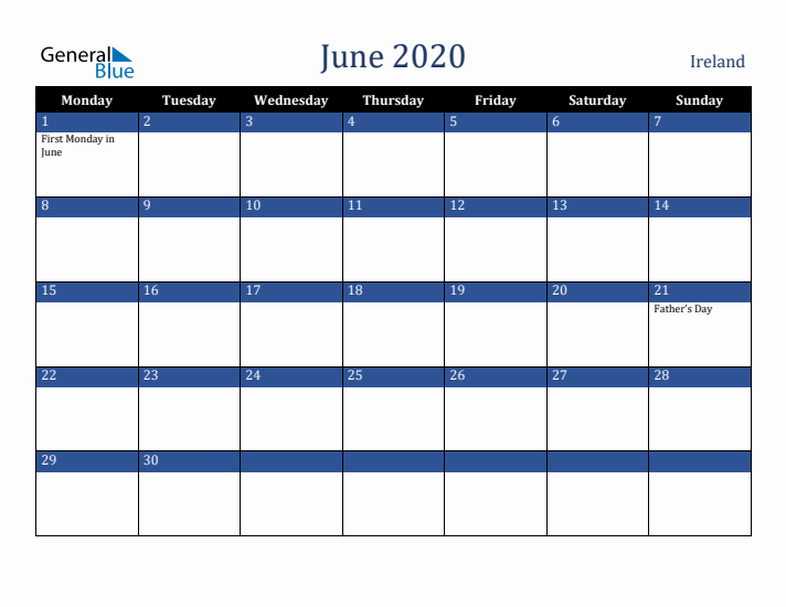 June 2020 Ireland Calendar (Monday Start)