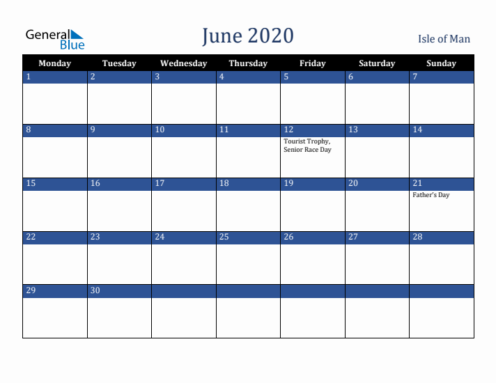 June 2020 Isle of Man Calendar (Monday Start)