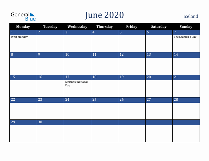 June 2020 Iceland Calendar (Monday Start)
