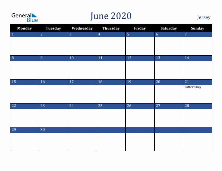 June 2020 Jersey Calendar (Monday Start)