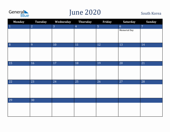 June 2020 South Korea Calendar (Monday Start)