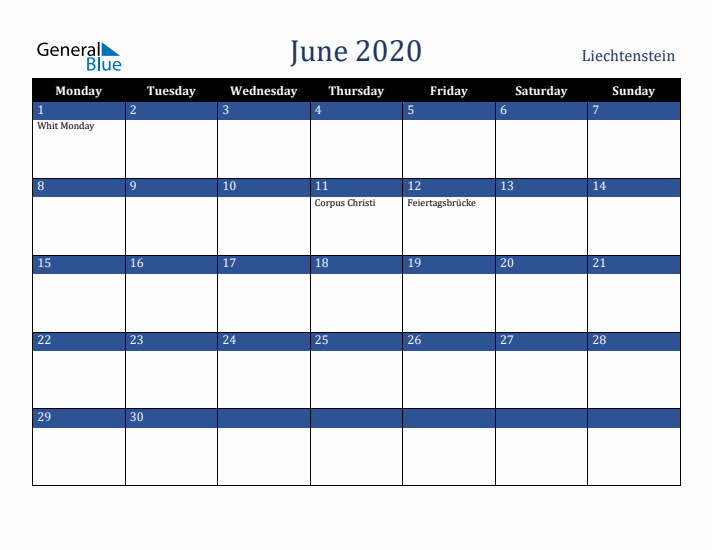June 2020 Liechtenstein Calendar (Monday Start)