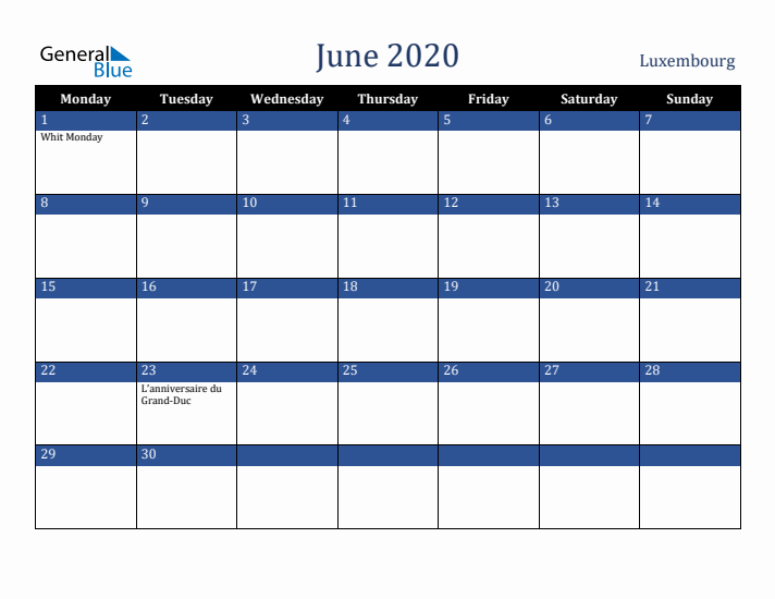 June 2020 Luxembourg Calendar (Monday Start)
