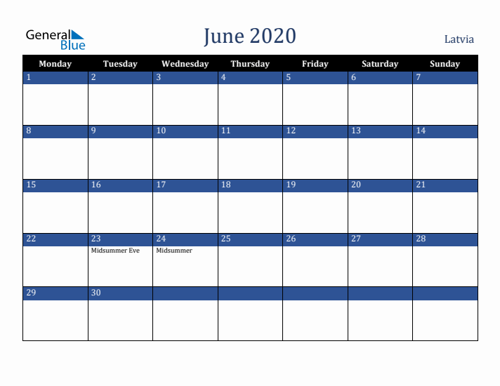 June 2020 Latvia Calendar (Monday Start)
