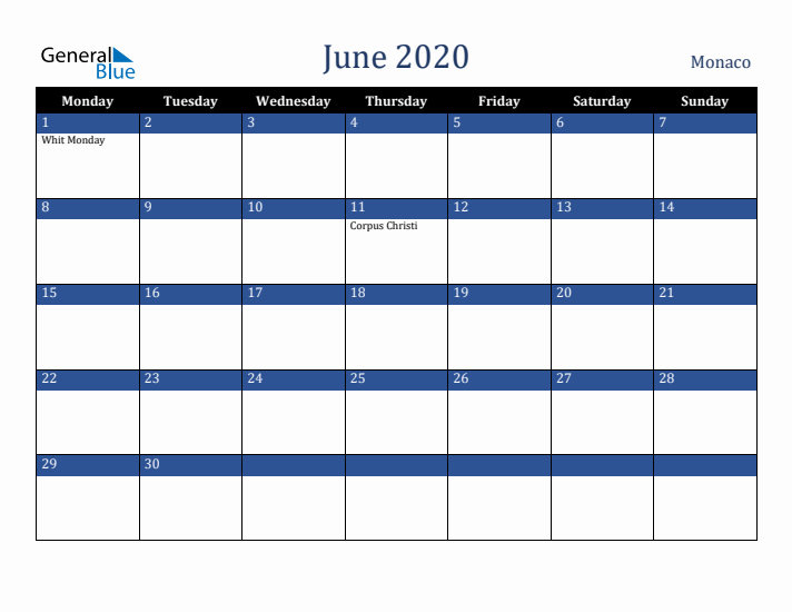 June 2020 Monaco Calendar (Monday Start)