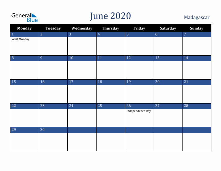 June 2020 Madagascar Calendar (Monday Start)