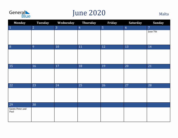 June 2020 Malta Calendar (Monday Start)
