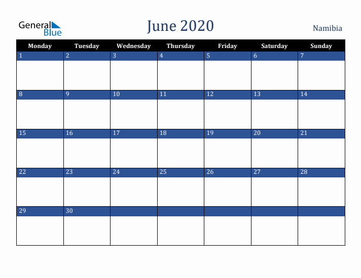 June 2020 Namibia Calendar (Monday Start)