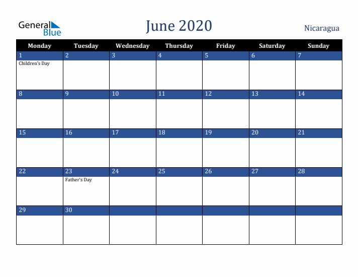 June 2020 Nicaragua Calendar (Monday Start)