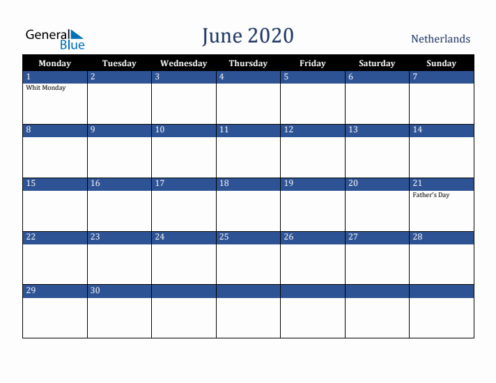 June 2020 The Netherlands Calendar (Monday Start)
