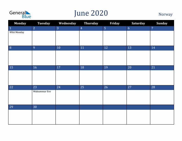 June 2020 Norway Calendar (Monday Start)