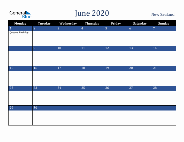 June 2020 New Zealand Calendar (Monday Start)
