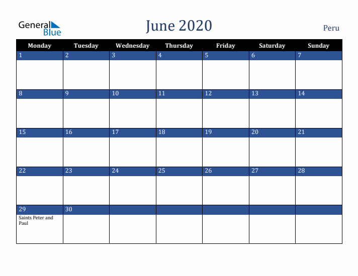 June 2020 Peru Calendar (Monday Start)