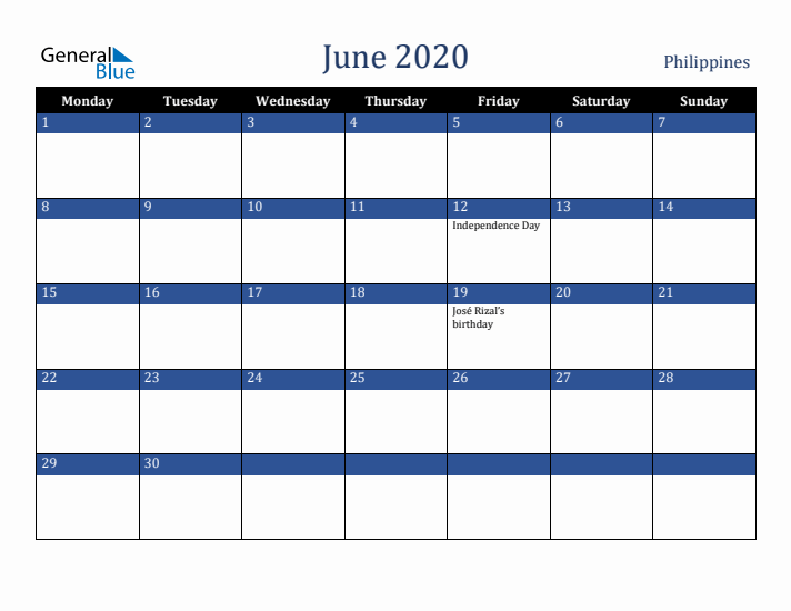 June 2020 Philippines Calendar (Monday Start)