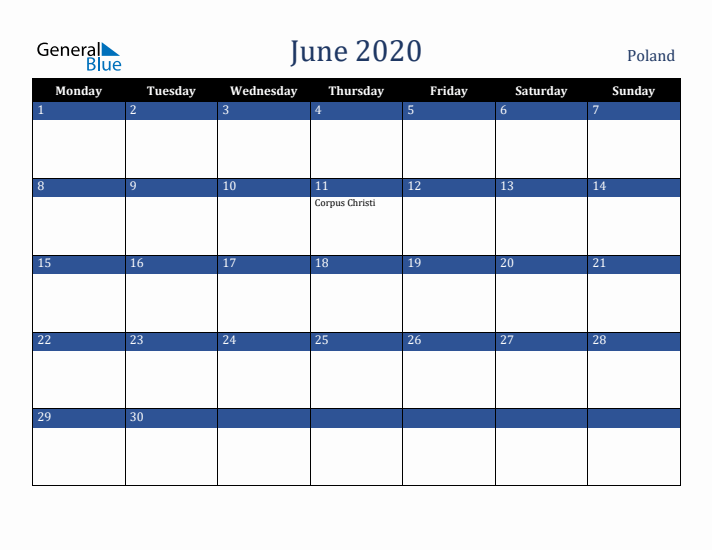June 2020 Poland Calendar (Monday Start)