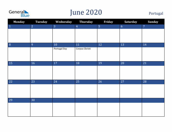 June 2020 Portugal Calendar (Monday Start)