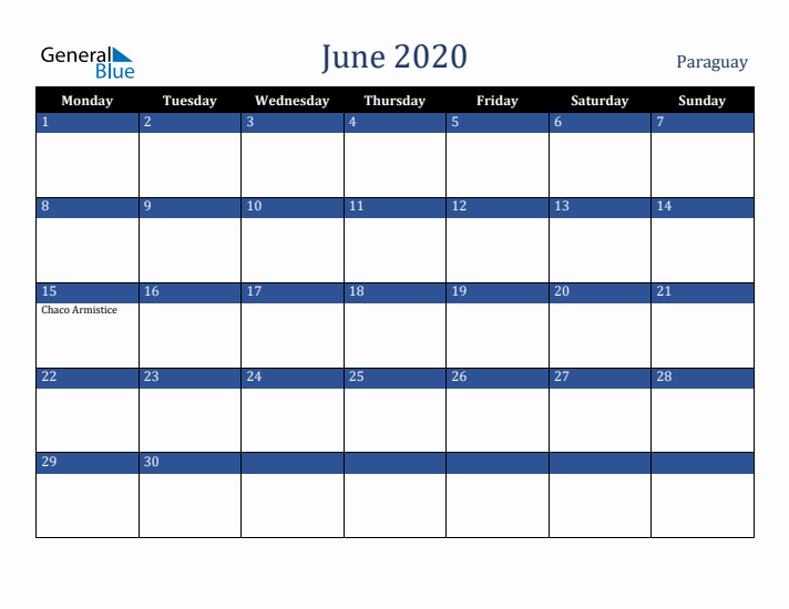 June 2020 Paraguay Calendar (Monday Start)