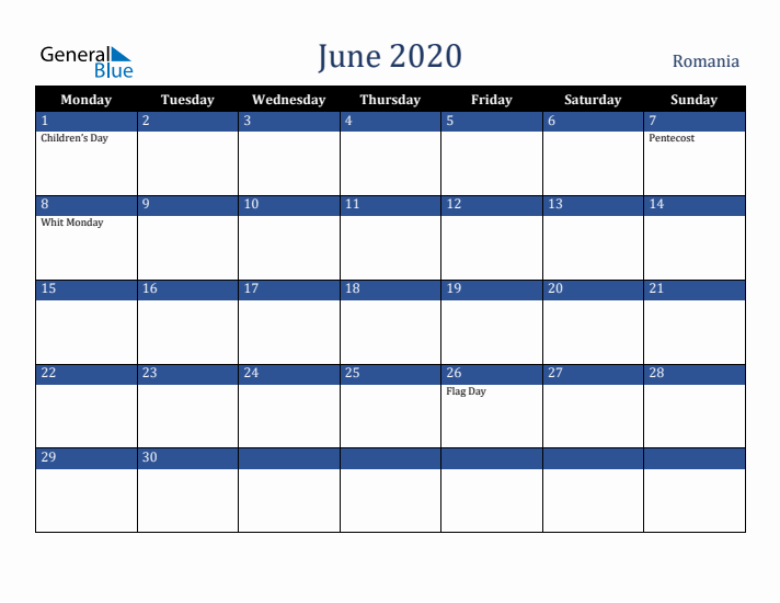 June 2020 Romania Calendar (Monday Start)