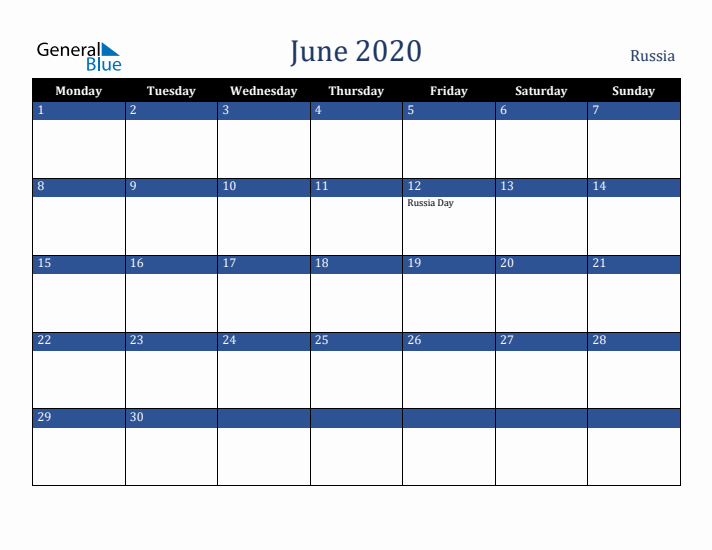 June 2020 Russia Calendar (Monday Start)