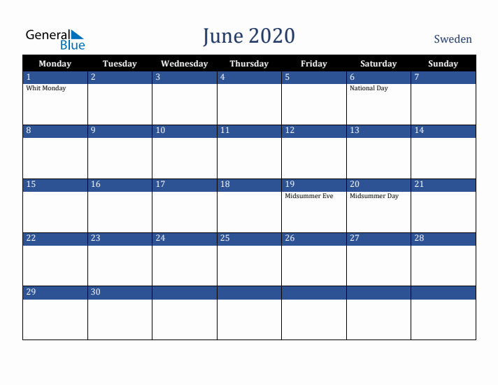 June 2020 Sweden Calendar (Monday Start)