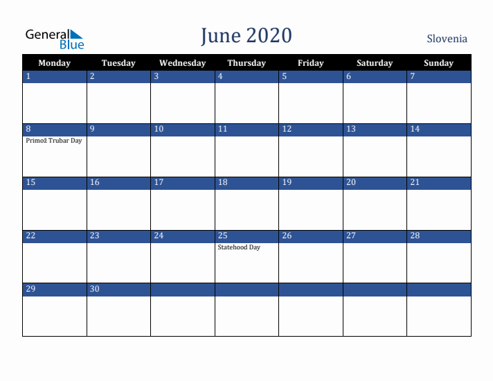 June 2020 Slovenia Calendar (Monday Start)
