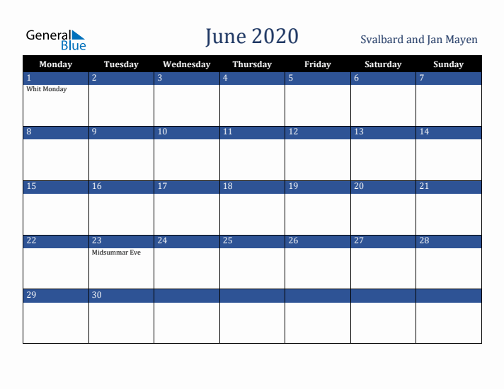 June 2020 Svalbard and Jan Mayen Calendar (Monday Start)