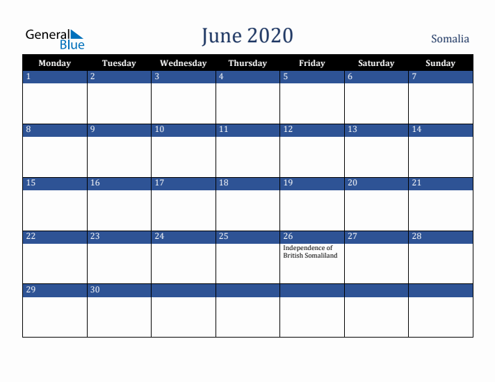 June 2020 Somalia Calendar (Monday Start)