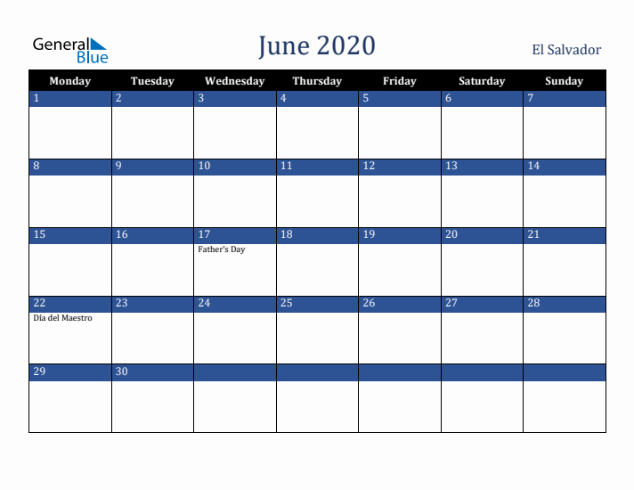 June 2020 El Salvador Calendar (Monday Start)
