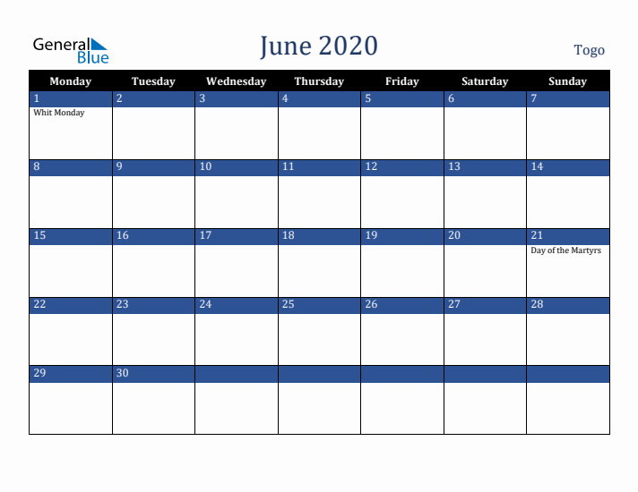 June 2020 Togo Calendar (Monday Start)