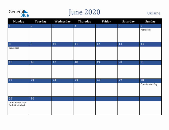 June 2020 Ukraine Calendar (Monday Start)