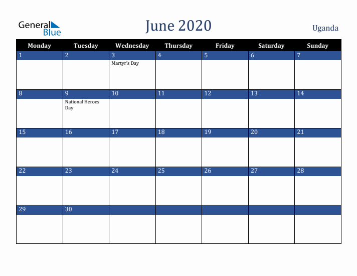 June 2020 Uganda Calendar (Monday Start)