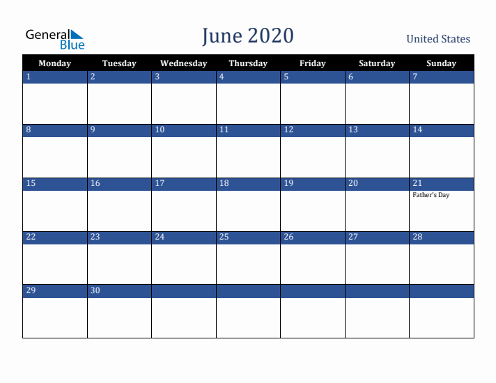 June 2020 United States Calendar (Monday Start)