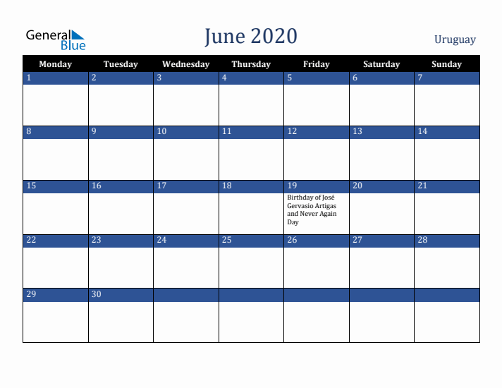 June 2020 Uruguay Calendar (Monday Start)