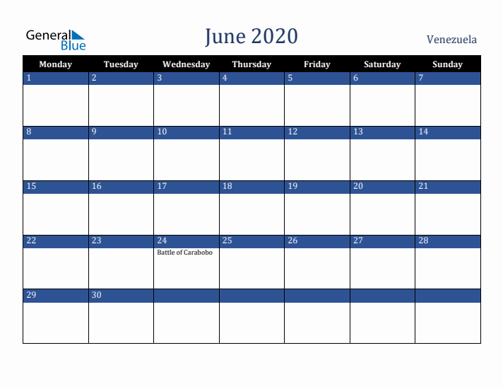 June 2020 Venezuela Calendar (Monday Start)