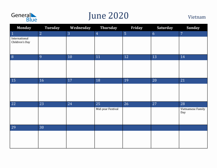 June 2020 Vietnam Calendar (Monday Start)