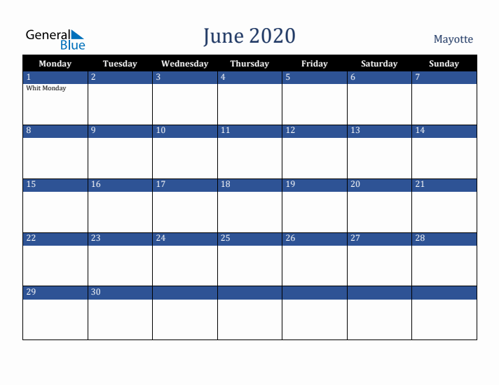 June 2020 Mayotte Calendar (Monday Start)
