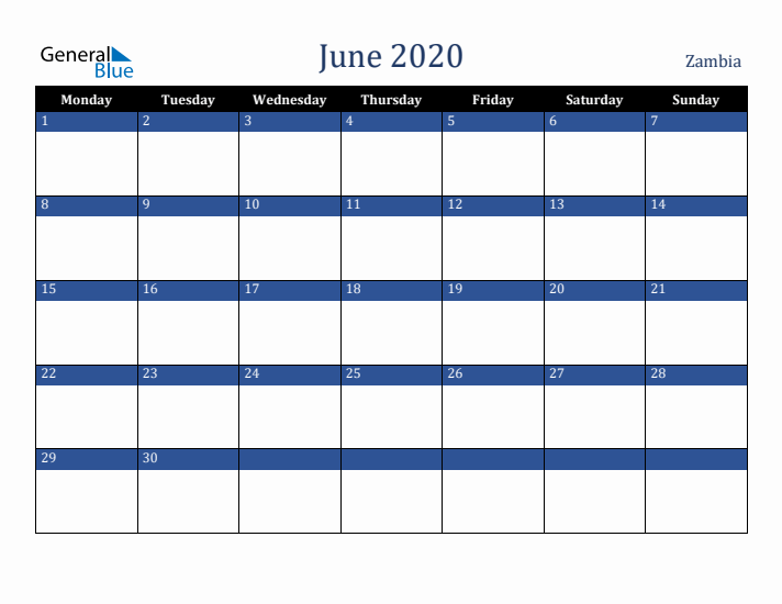 June 2020 Zambia Calendar (Monday Start)