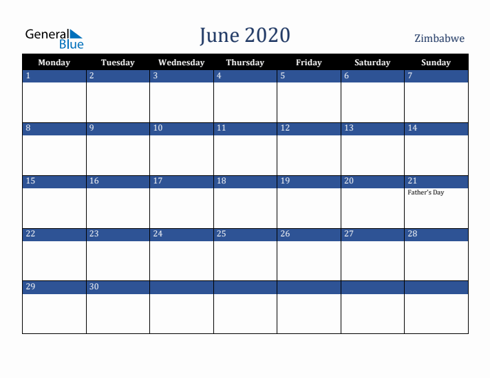 June 2020 Zimbabwe Calendar (Monday Start)