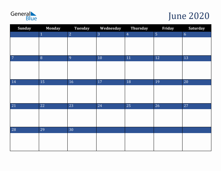 Sunday Start Calendar for June 2020