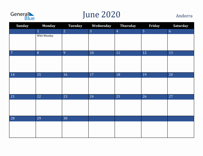 June 2020 Andorra Calendar (Sunday Start)
