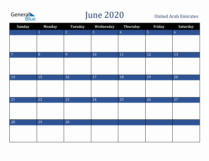 June 2020 United Arab Emirates Calendar (Sunday Start)