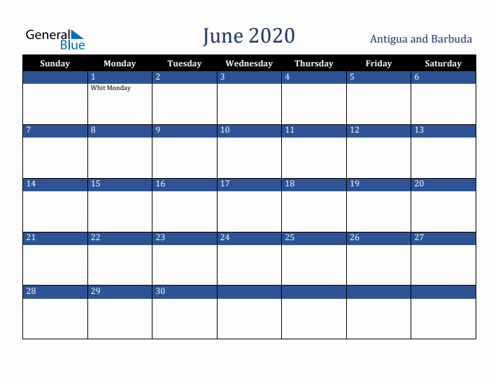June 2020 Antigua and Barbuda Calendar (Sunday Start)