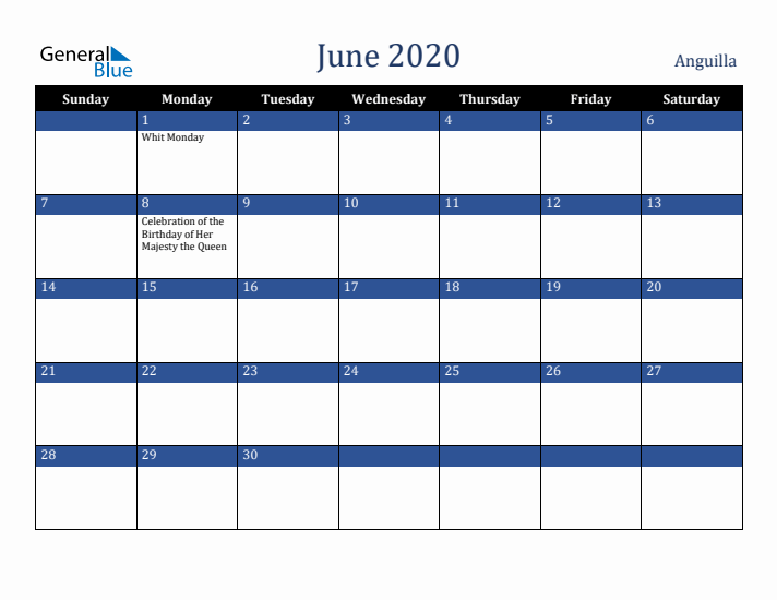June 2020 Anguilla Calendar (Sunday Start)